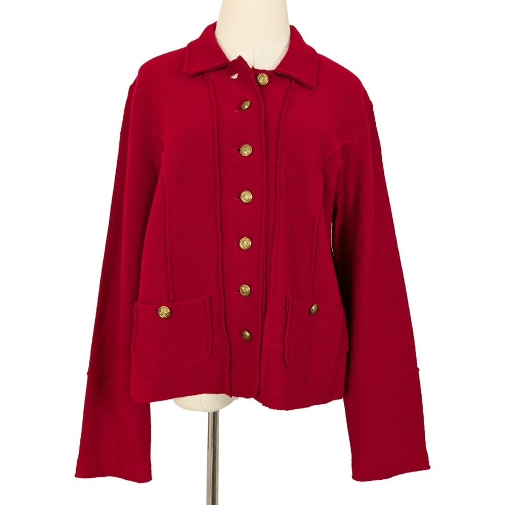 90s Boiled Wool Cardigan Jacket Cherry Red Long Sleeve Collar Button Up